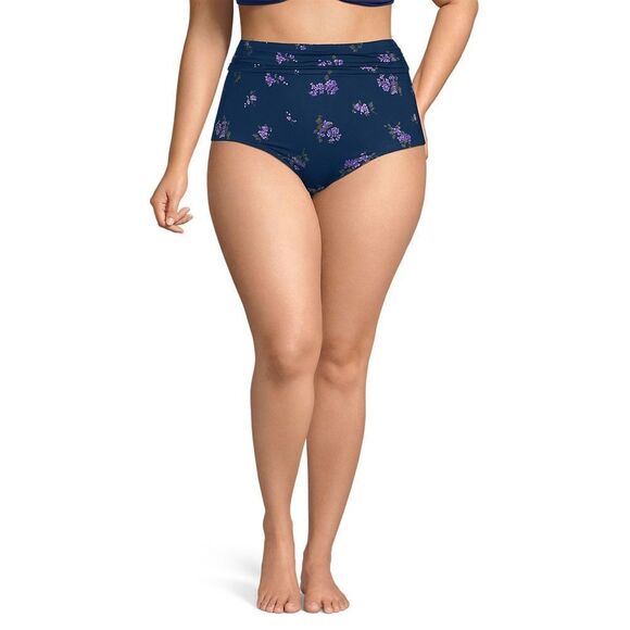Land's End Plus Size High Waist Bikini Bottoms deep sea Navy bouquet floral 14 - Picture 3 of 8